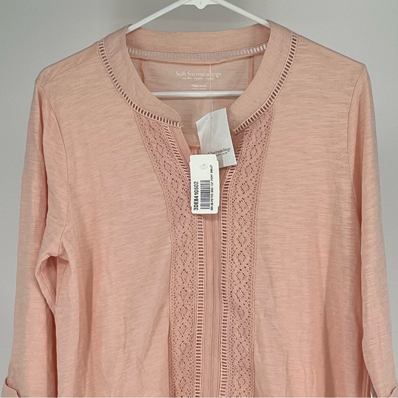 SOFT SURROUNDINGS NWT DIDI TOP SLUB JERSEY CROCHET LACE TOP 3/4TH SLEEVE PETITE - Picture 4 of 10